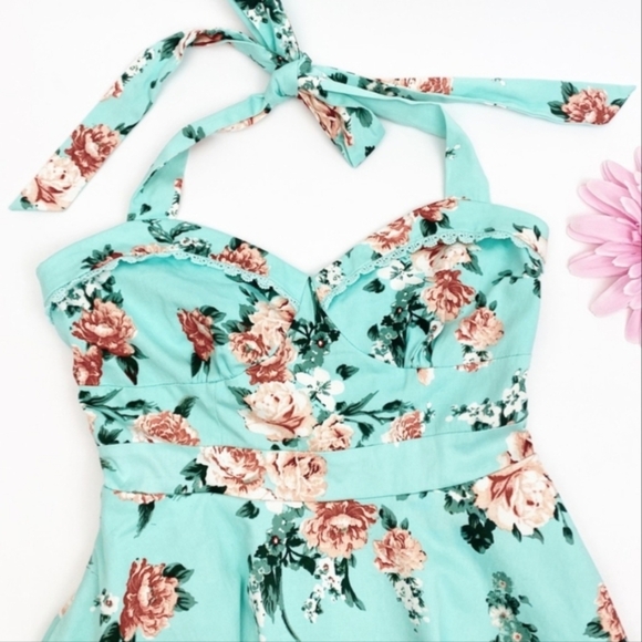NEW Hot Topic Mint Floral Halter Rockabilly Retro Swing Crinoline Dress Size XL - Picture 7 of 15
